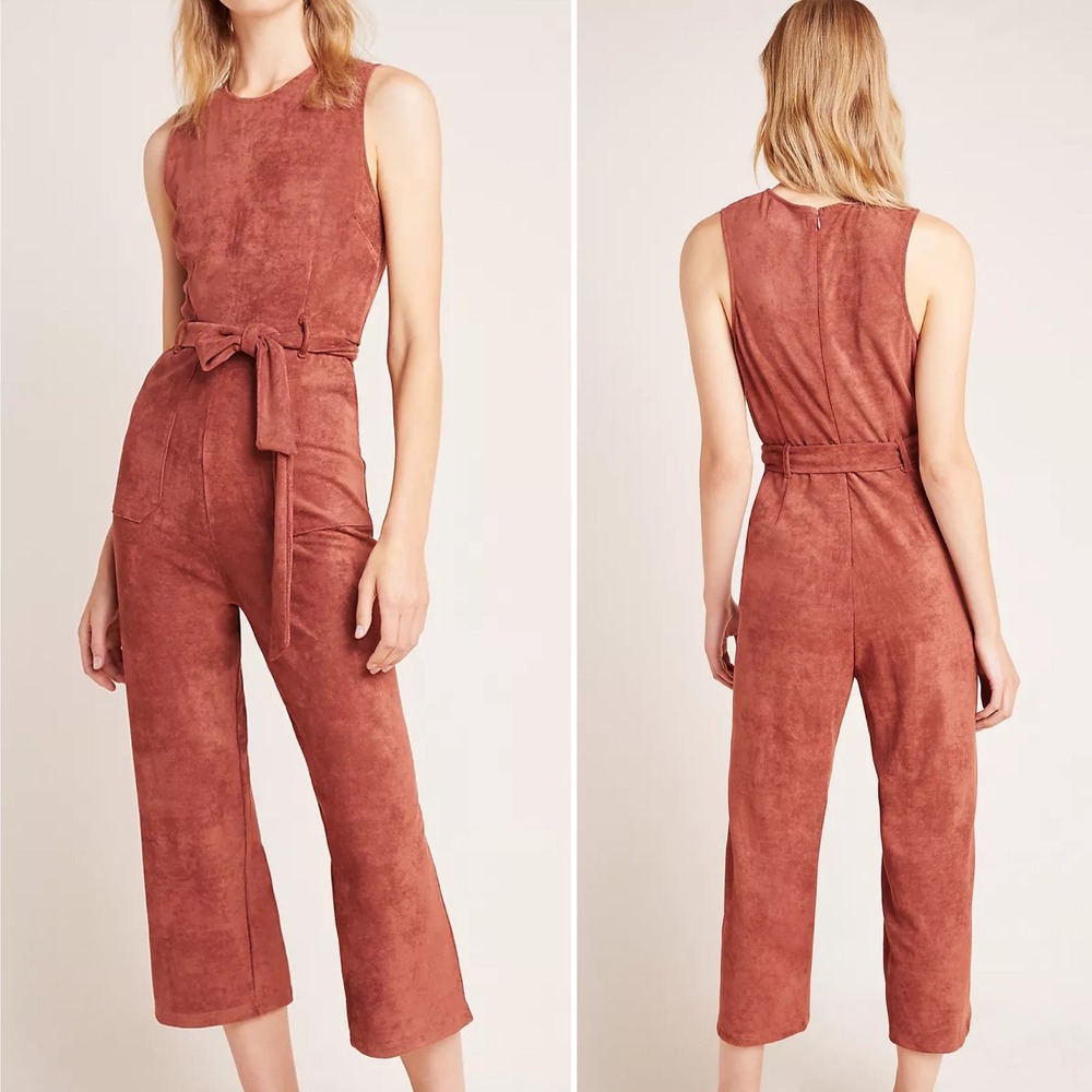Anthropologie Faux Suede Belted Jumpsuit Small Rust Terracotta Brown Cropped